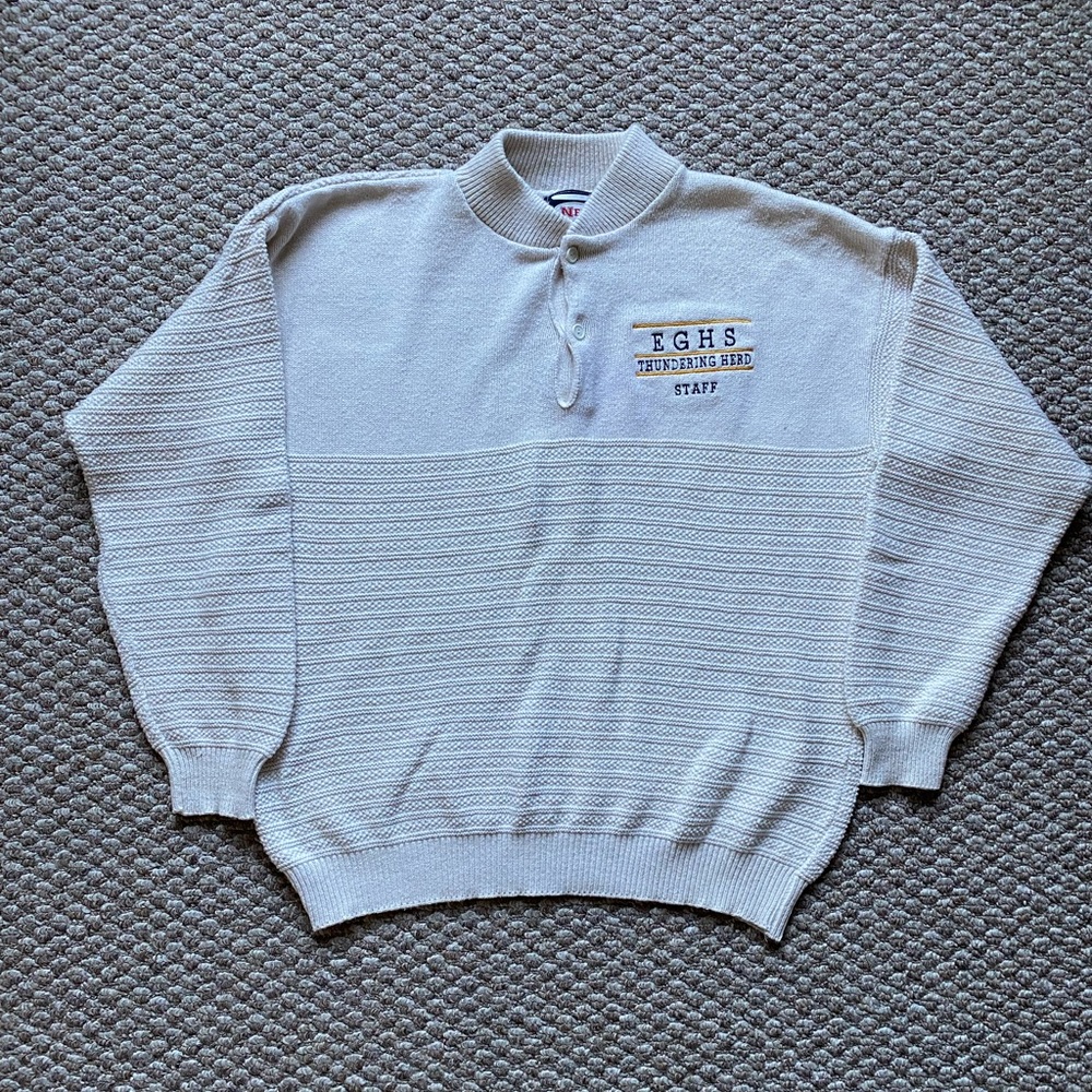 Vintage Elk Grove High School EGHS Thundering Herd Staff White Sweater Size XL